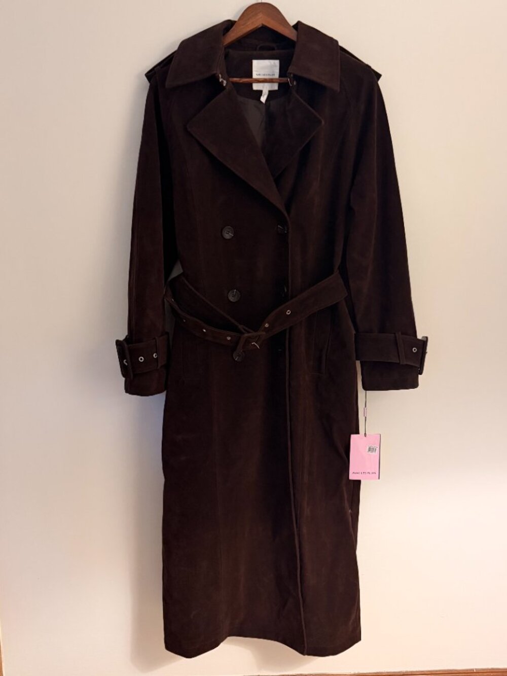 NWT Avec Les Filles Double Breasted Brown Faux Suede Maxi Trench Coat, Size L - Picture 3 of 9